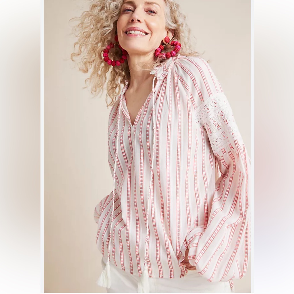 Anthropologie De Novo Boho Peasant Long Sleeve Cotton Embroidered Sleeve Top S M